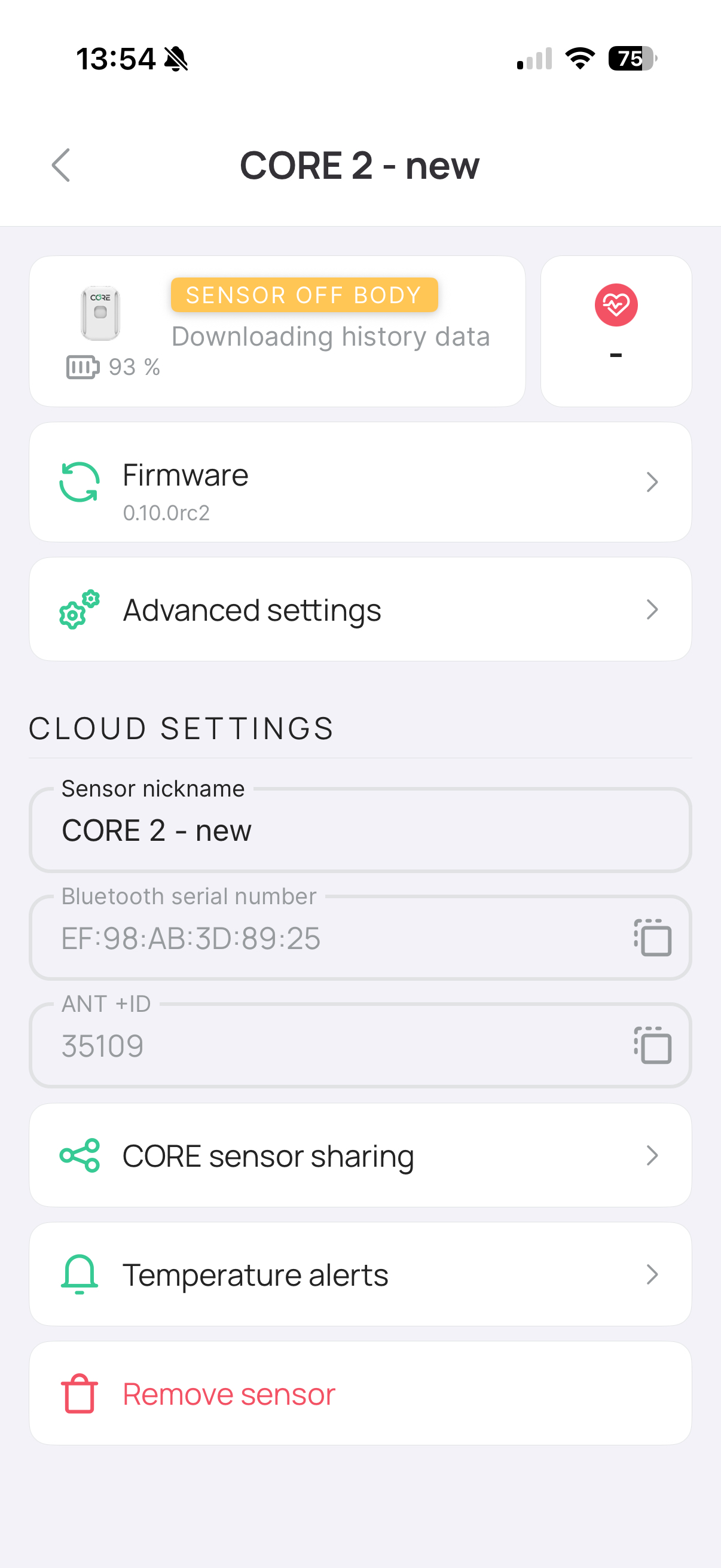 CORE sensor settings menu